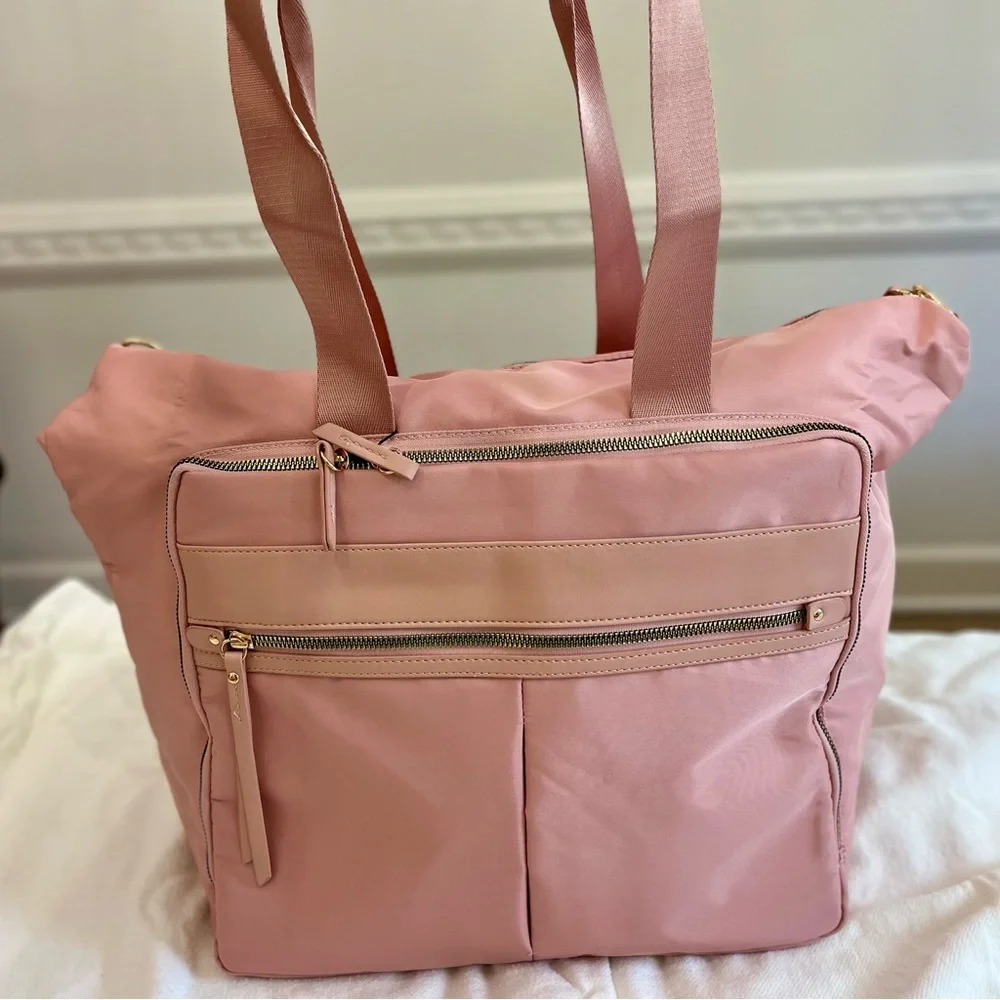 Pink soft padded nylon overnight laptop tote w/ double handle & adjustable strap